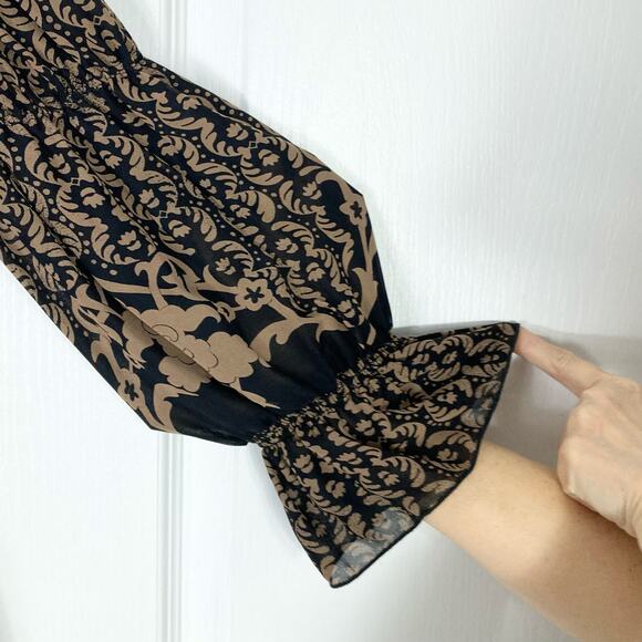 NANETTE LEPORE Blouse 10 Brown Silk Floral Crochet Pom Pom Long-Flare-Slv Lined - Picture 4 of 13